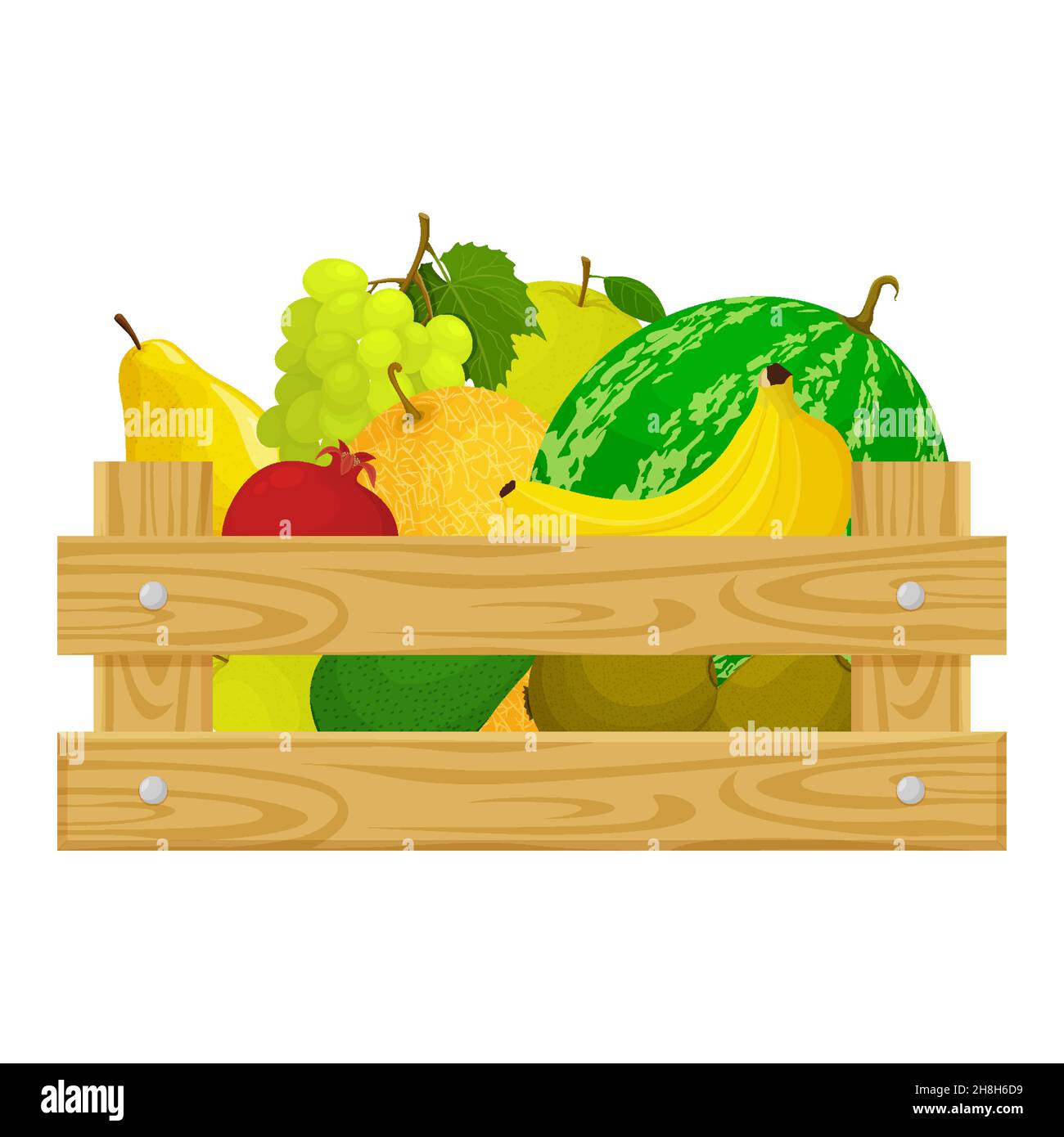 Una caja de madera llena de varias frutas. Plantilla sobre el tema de la  agricultura, la cosecha y la venta de productos orgánicos frescos.  Ilustración vectorial en dibujos animados Imagen Vector de