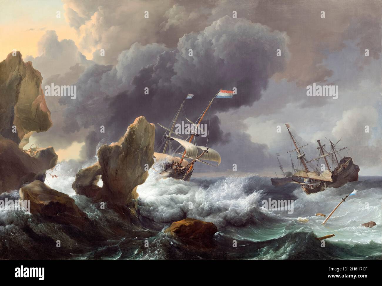 Ludolf Backhuizen, Buques en peligro frente a una costa rocosa, pintura marina, 1667 Foto de stock