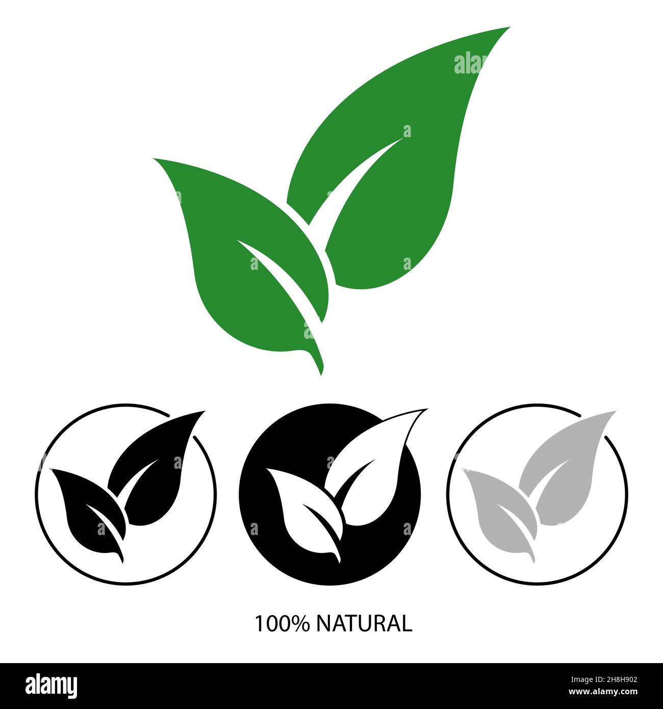 Icono de hoja natural. diseño de logotipo 100% natural. Símbolo de producto orgánico. Diseño natural con icono de hoja verde. Ilustración vectorial. Ilustración del Vector