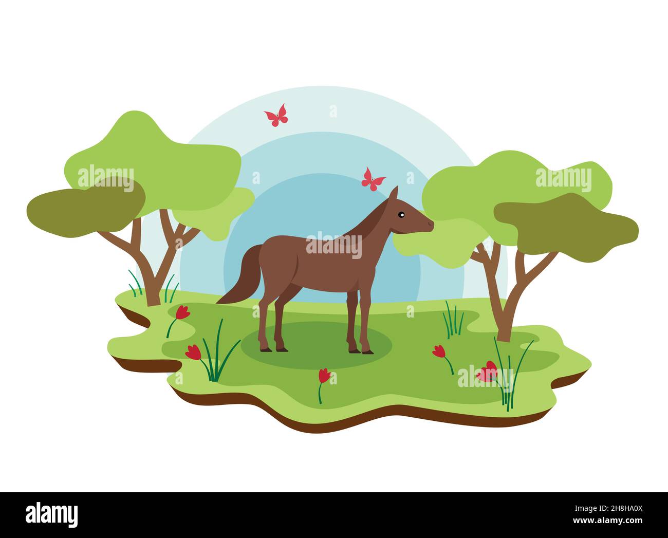 Lindos animales de granja caballo con paisaje de primavera. Ilustración de  dibujos animados de vectores EPS 10 Imagen Vector de stock - Alamy