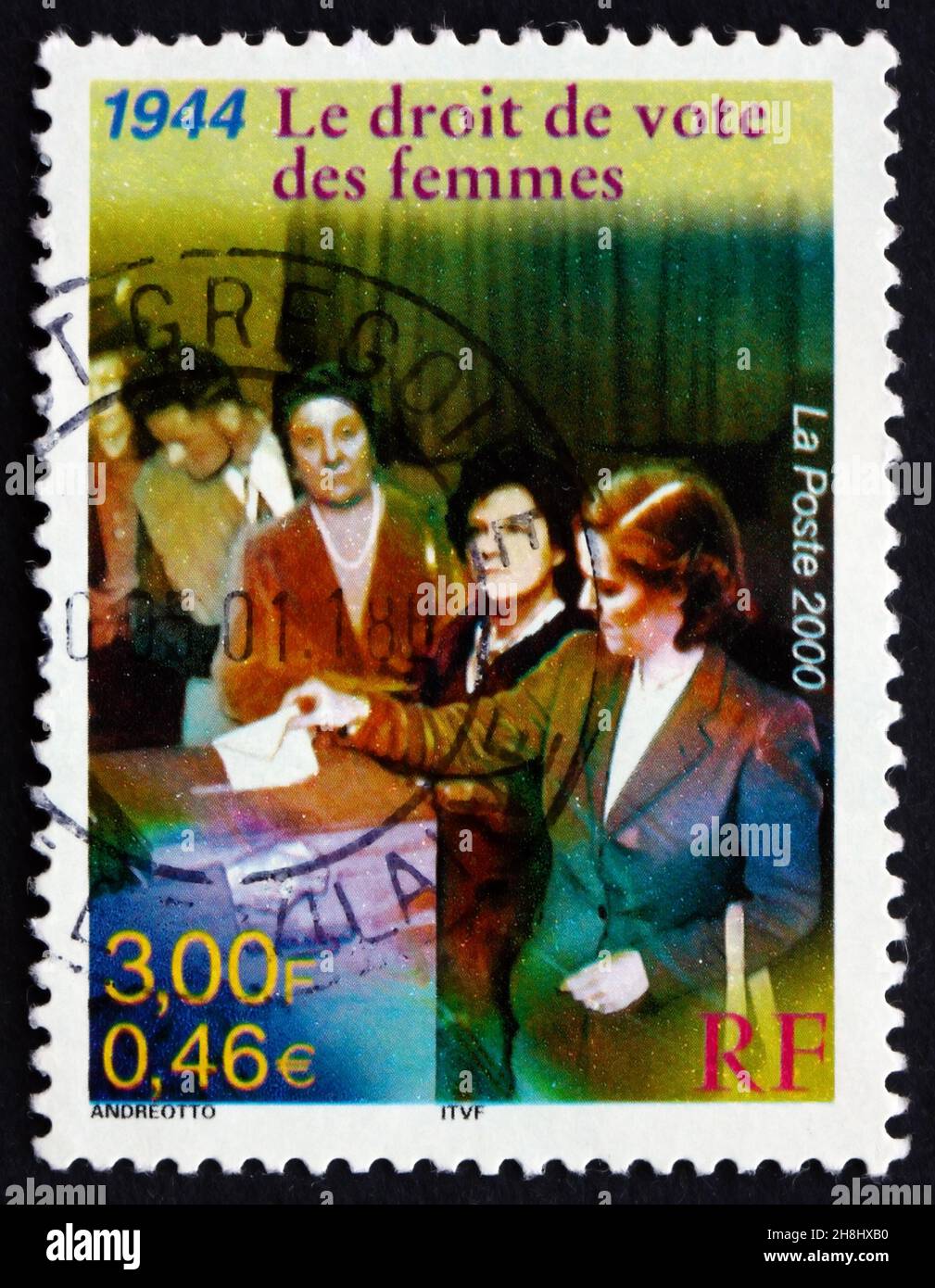 FRANCIA - ALREDEDOR de 2000: Un sello impreso en la Francia muestra Sufragio de la Mujer, Derecho de la Mujer al Voto, 1944, alrededor de 2000 Foto de stock