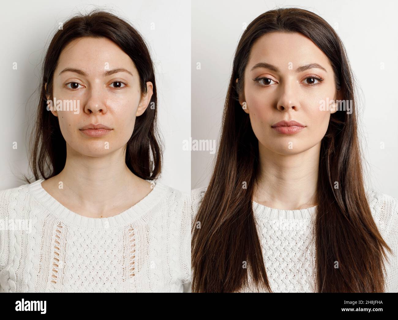 Mujer antes y después del maquillaje. . El concepto de transformación,  belleza después de aplicar maquillaje con un artista de maquillaje.  Resultado sin retoque Fotografía de stock - Alamy