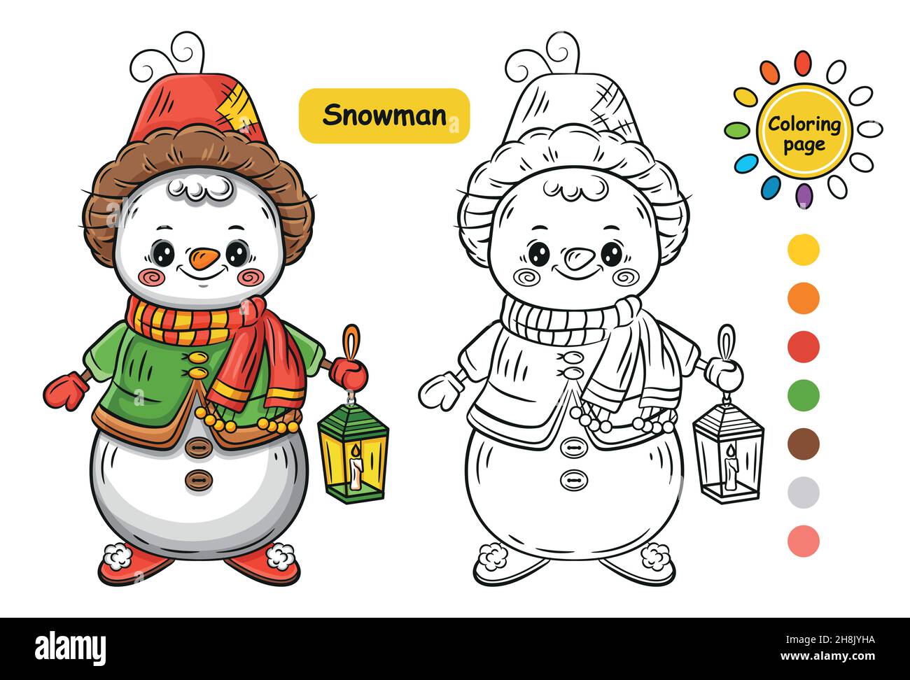 Página para colorear de muñeco de nieve de invierno para niños  preescolares. Hombre de nieve de hielo de bolas de nieve con linterna niño  educación libro para colorear. Vector de carácter de