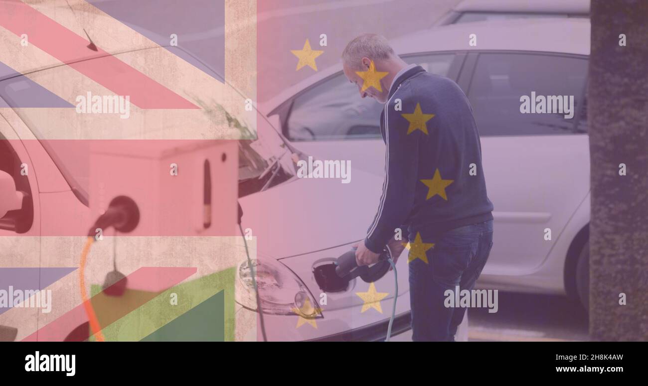 Exposición múltiple del hombre cargando vehículo eléctrico con bandera británica y europea de la unión Foto de stock