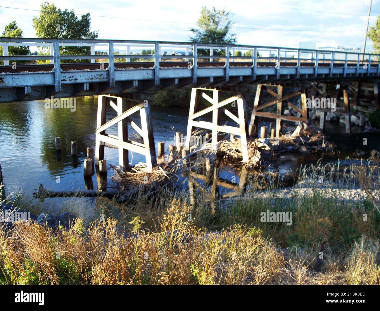 El viejo puente de madera se extiende sobre un pequeño estanque con el sol en el lado izquierdo de la foto. Foto de stock