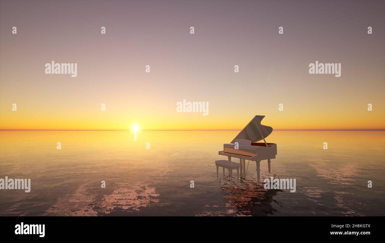 Surrealista escena marina con piano blanco en el agua al atardecer. ilustración 3d. Foto de stock