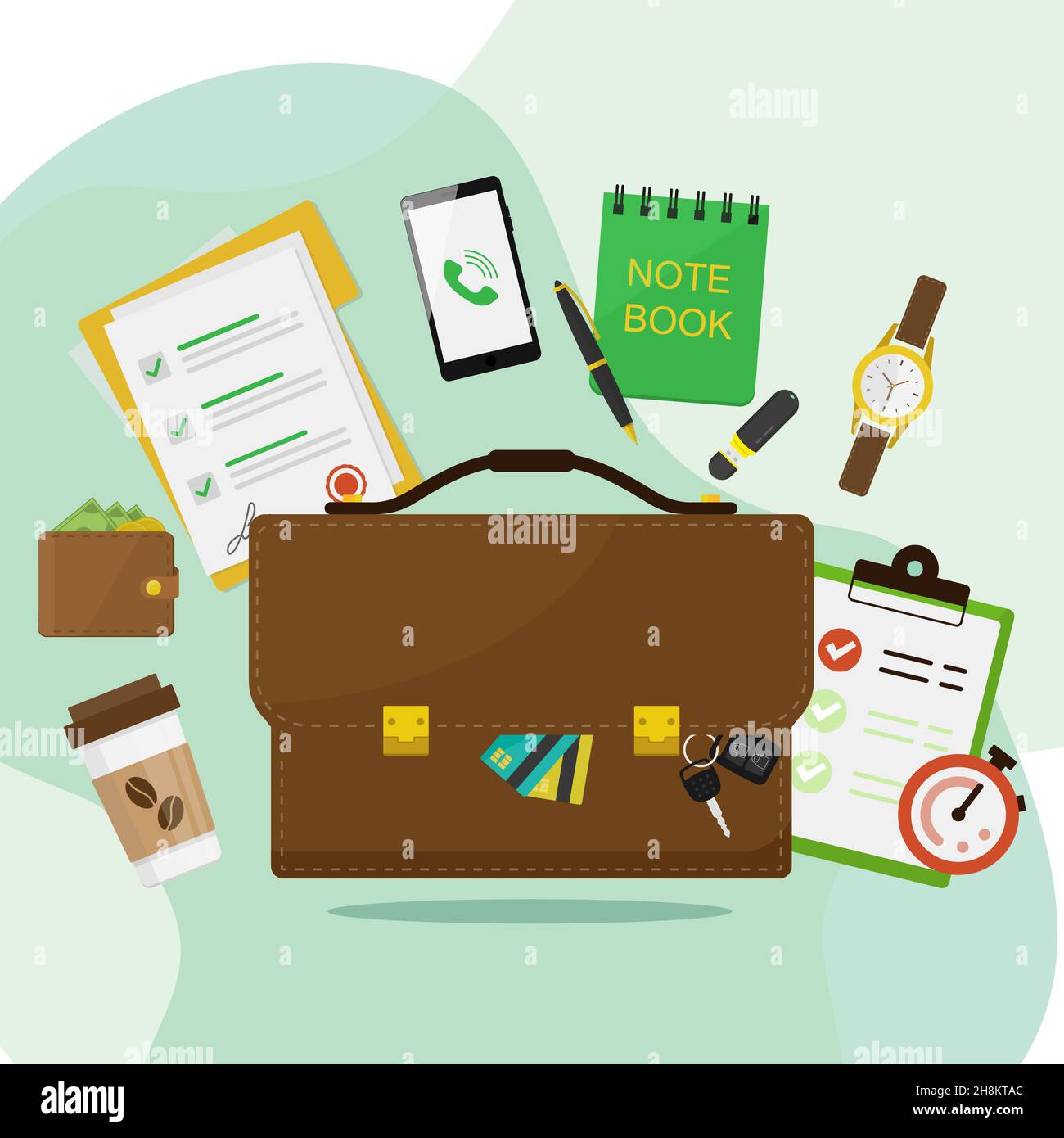 maletín de cuero y artículos de negocios, gestión o finanzas flujo de trabajo. ilustración vectorial en estilo plano. Ilustración del Vector