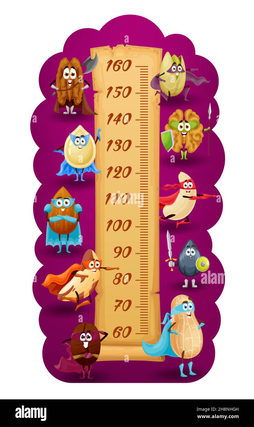 Tabla de altura para niños con tuercas y leguminosas de superhéroes de  dibujos animados, regla de medida de crecimiento vectorial. Gráfico de  altura con graciosos personajes superhéroes de cacahuete, w Imagen Vector