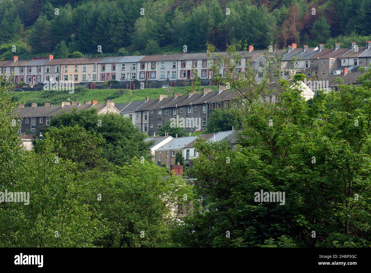 Casas de campo de mineros en el pueblo de Miskin, Taff Vale, Mid Glamourgan, Gales del Sur Foto de stock