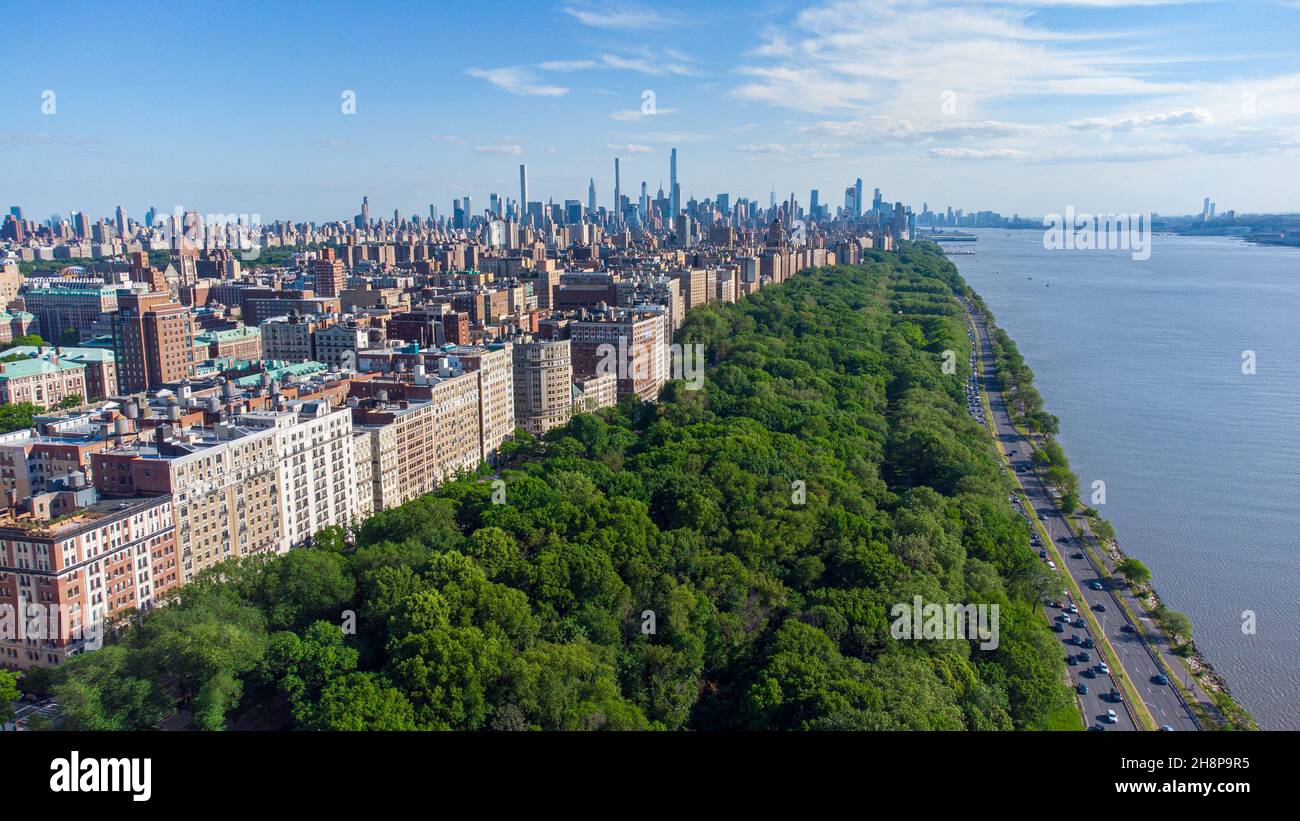 Vista aérea de Morningside Park, Morningside Heights, Manhattan, Nueva York Foto de stock