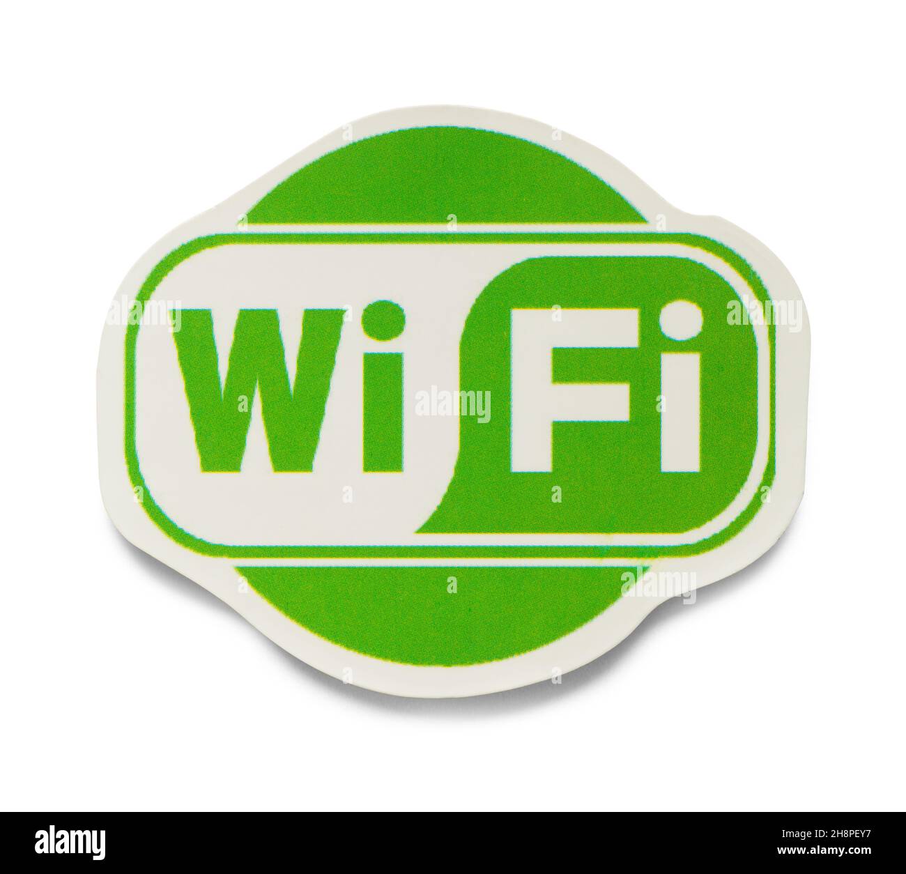 Pegatina Wi-Fi verde y blanco cortada en blanco. Foto de stock