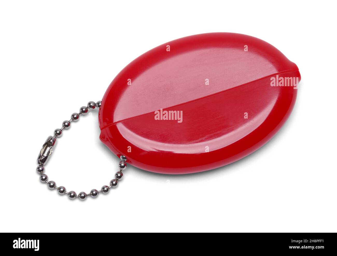 Cartera de monedas con llavero rojo cortada en blanco. Foto de stock