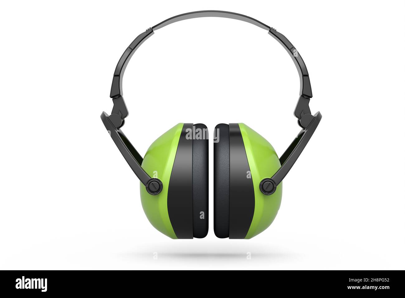 Protectores auriculares verdes cascos aislados sobre un fondo blanco. 3d renderización e ilustración de la herramienta para reparación y construcción Foto de stock