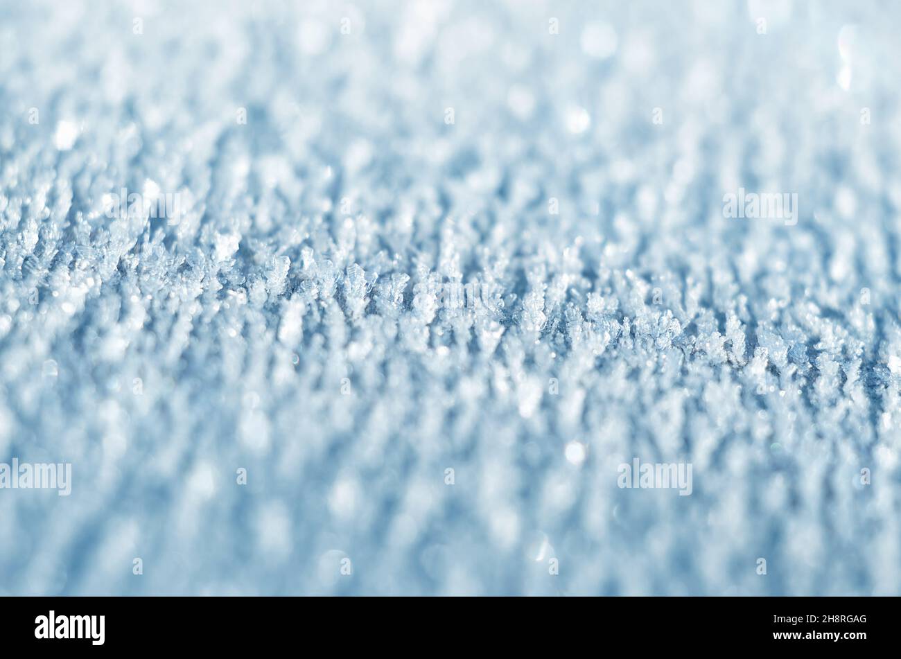 Fondo de escarcha azul claro con espacio de copia. Primer plano de textura invernal, profundidad de campo poco profunda. Foto de stock