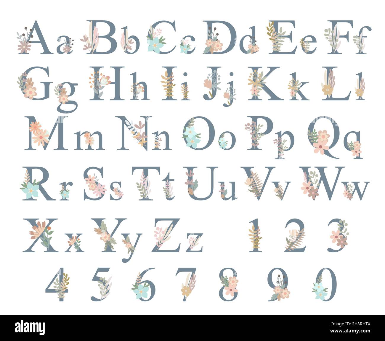 Letras del alfabeto Mayúsculas, minúsculas y números decorados con
