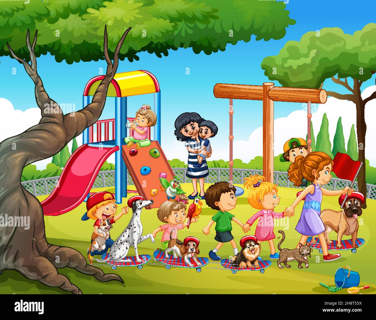 Escenario del patio de recreo con niños jugando con sus animales