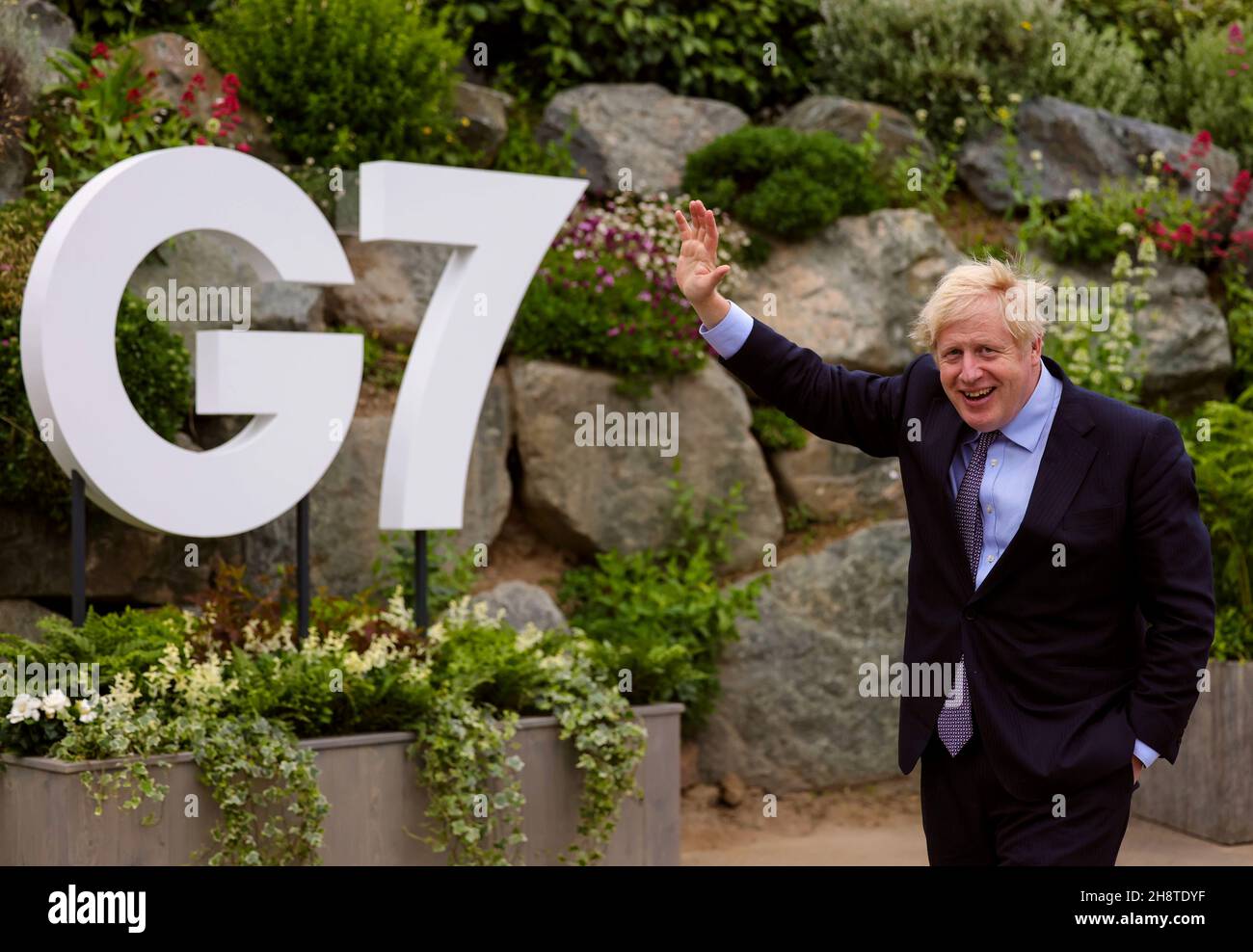 CARBIS BAY, CORNWALL, INGLATERRA, Reino Unido - 09 de junio de 2021 - Primer Ministro británico Boris Johnson - Cornwall Visita antes de G7. Cornwall, Inglaterra, Reino Unido, por delante Foto de stock