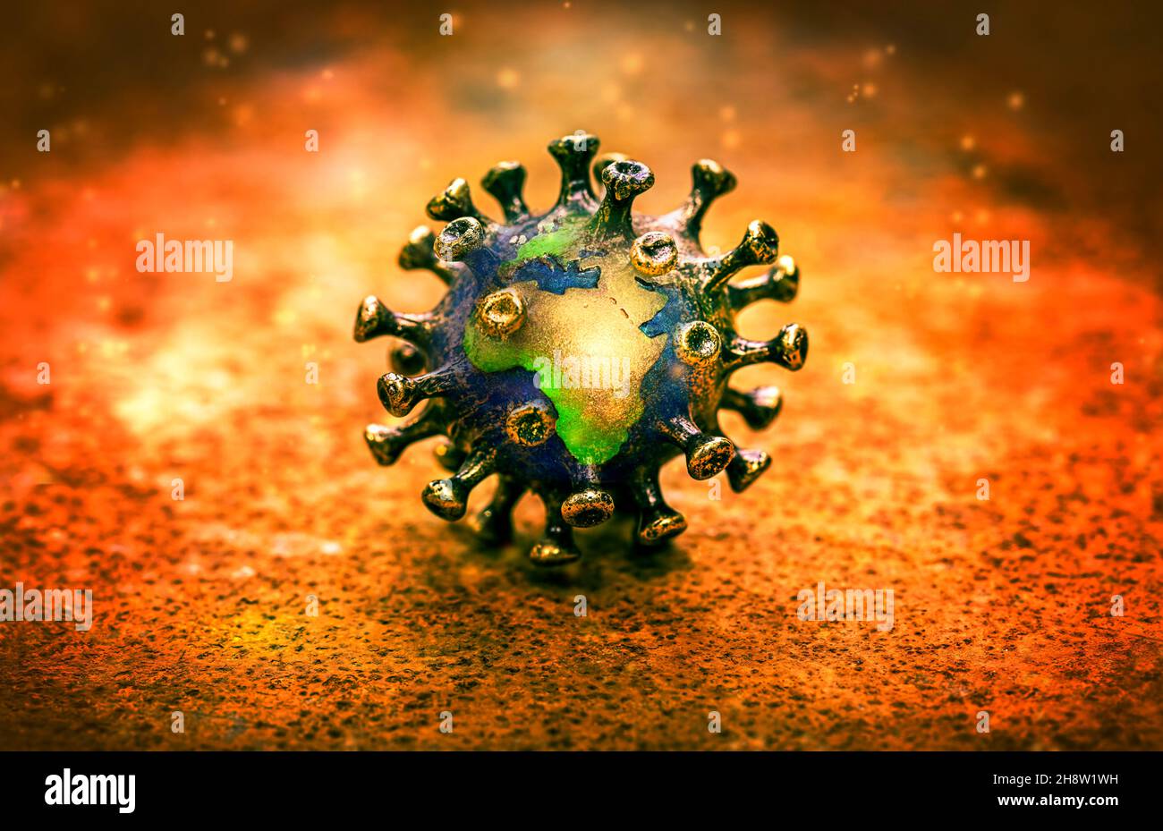 Virus de la corona y globo, mutación de covid omicron B.1.1.529 Foto de stock