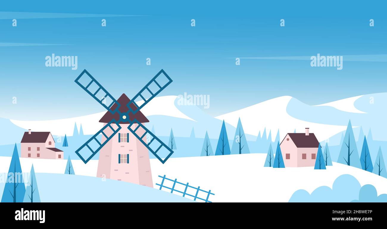 Invierno campo mañana paisaje nevado en Europa ilustración vectorial.  Molino de dibujos animados, el bosque y casas de campo en las colinas  cubiertas de nieve blanca, lindo paisaje de Navidad, tarjeta de