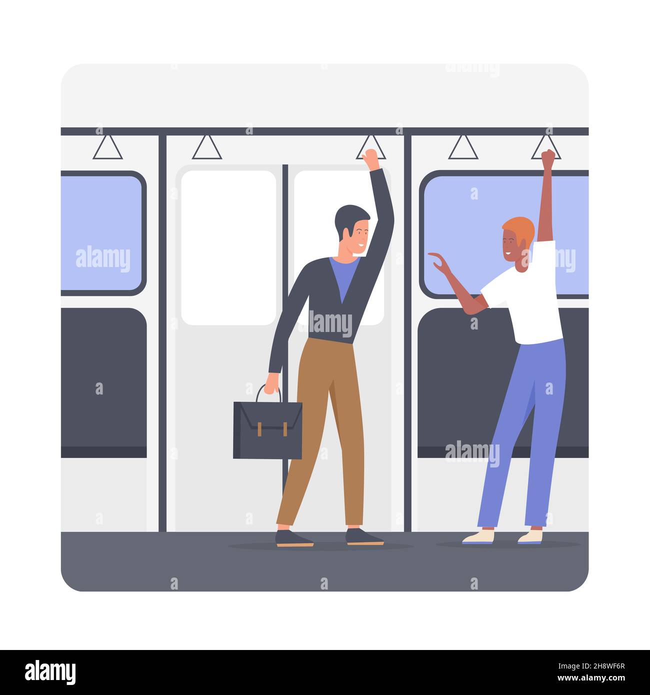 Hombre trabajando de pie en metro. Transporte público diario por la mañana a la oficina de trabajo ilustración de vector plano Ilustración del Vector