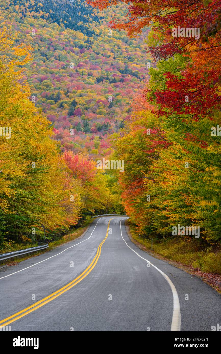 Autopista Kancamagus y follaje otoñal, Bosque Nacional White Mountain, New Hampshire, EE.UU Foto de stock
