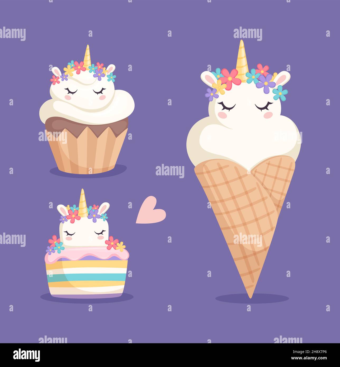 Dulces unicornios. Helado, cupcake y pastel arcoiris de color con  unicornios de dibujos animados. Fantásticos caballos o postres pony  ilustración vectorial Imagen Vector de stock - Alamy