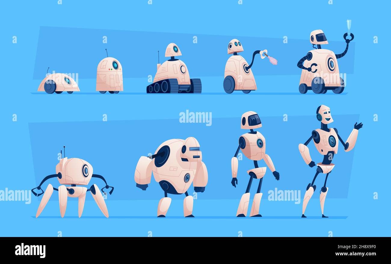 Evolución técnica inteligente. Cyborg home chatbot android de acero exacto vector caracteres planos aislados Ilustración del Vector