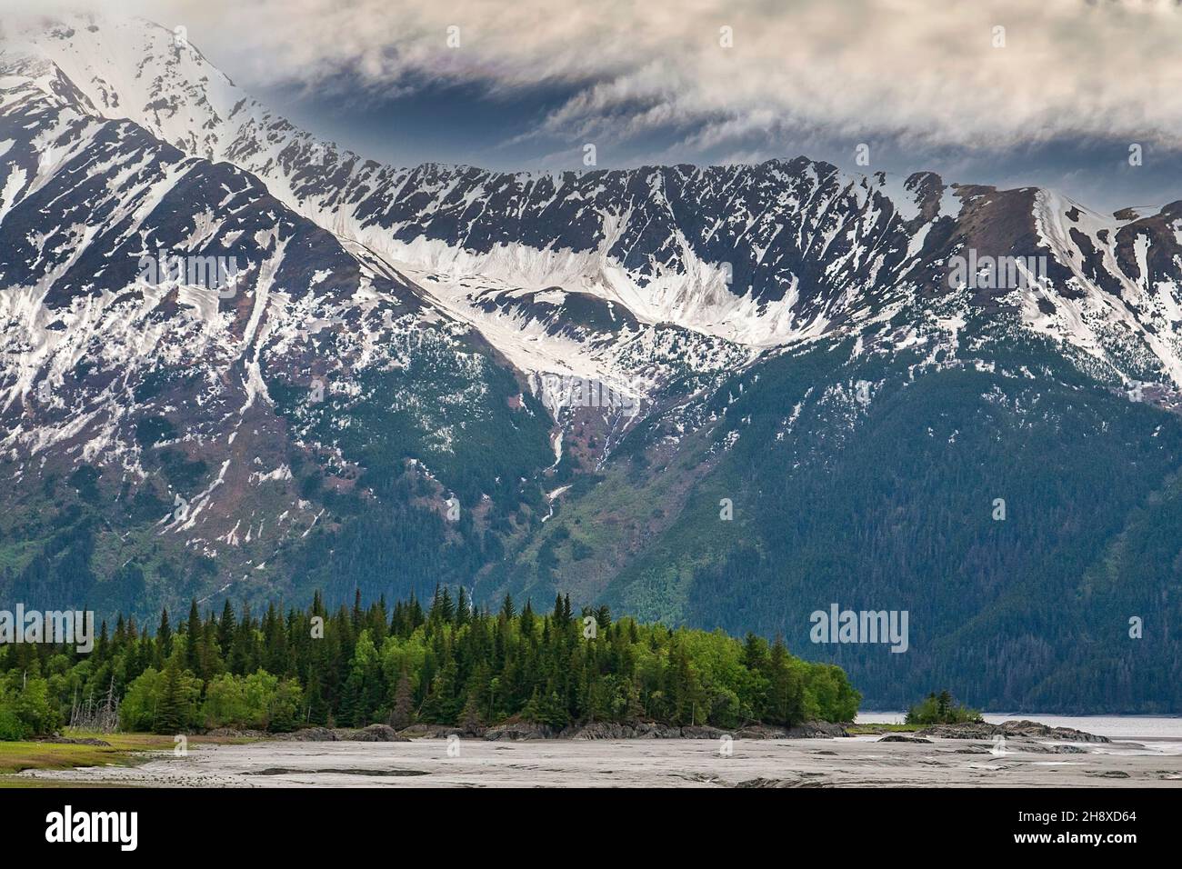 Majestuoso paisaje de Alaska con bosques verdes y escarpadas montañas cubiertas de nieve. Foto de stock