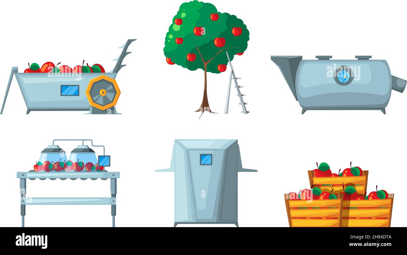 Producción de jugo. Plantas de frutas industria transportadora de bebidas producción jugo de manzana garish ilustraciones vectoriales en estilo plano Ilustración del Vector