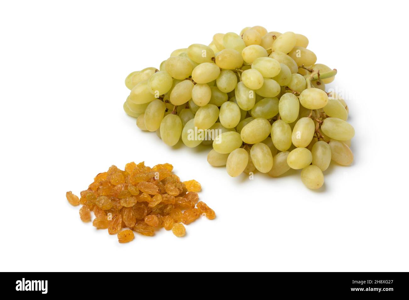 Manojo de uvas sultanas turcas frescas maduras y pasas secas aisladas sobre fondo blanco Foto de stock