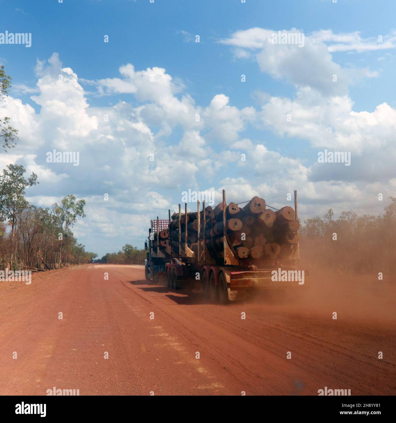 Camión maderero que transporta troncos de madera dura muy grandes al sur a lo largo de la Península Development Road, Península de Cape York, Queensland, Australia. Sin PR Foto de stock