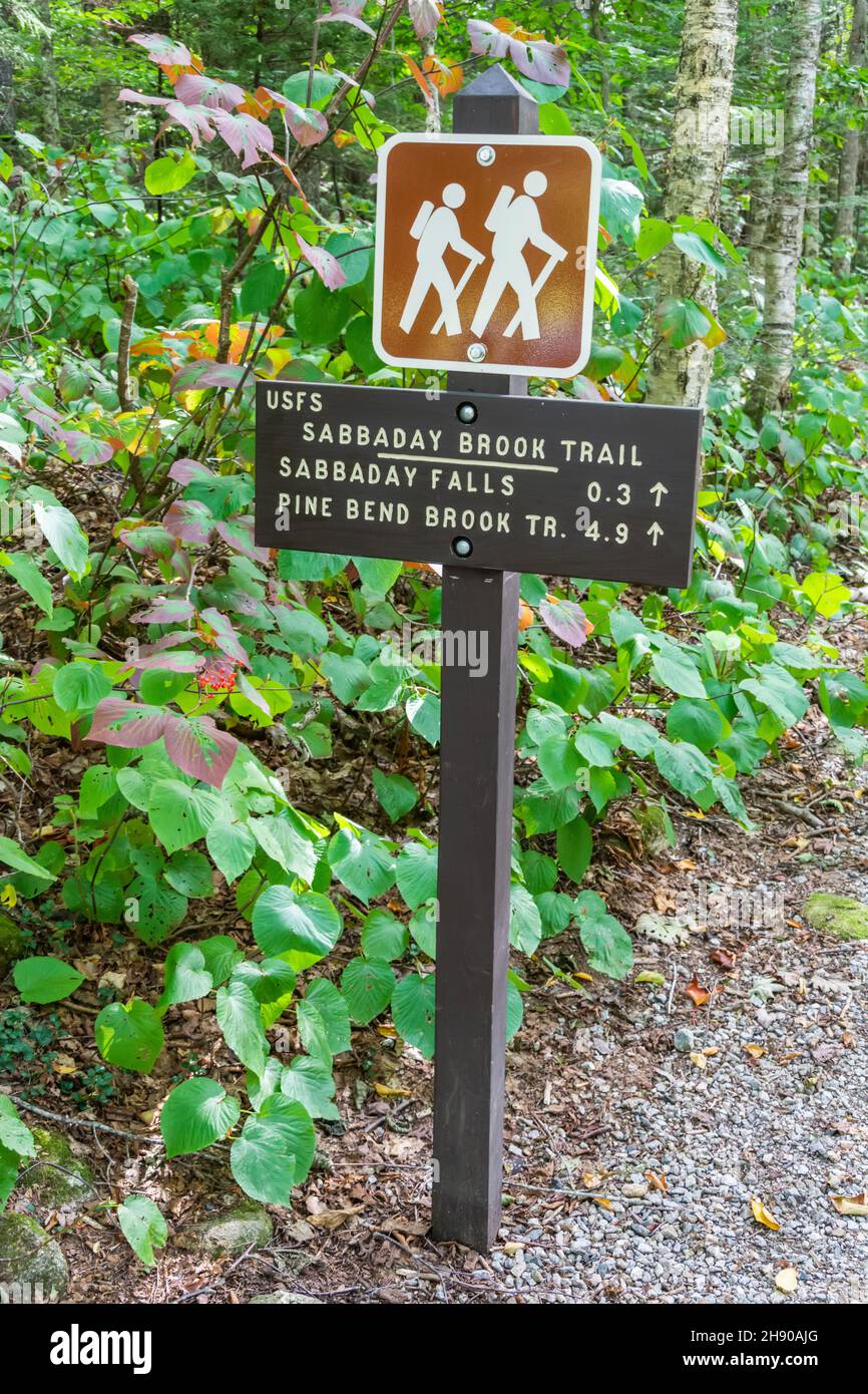 Conway, New Hampshire, Estados Unidos de América – 17 de septiembre de 2016. Señal que marca la ruta Sabbaday Brook Trail en White Mountain National Forest en New H Foto de stock