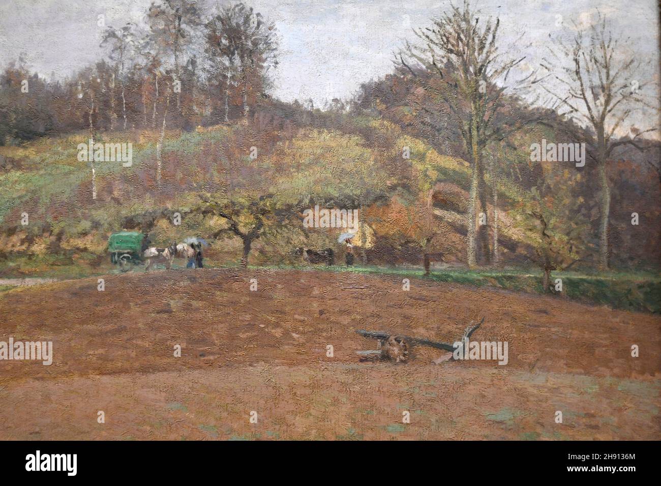 Tierra arada, 1874, Pontoise, óleo sobre lienzo, Camille Pissaro, Museo Pouchkine, Moscú, Rusia, en exposición en la exposición Iconos del Arte Moderno Foto de stock
