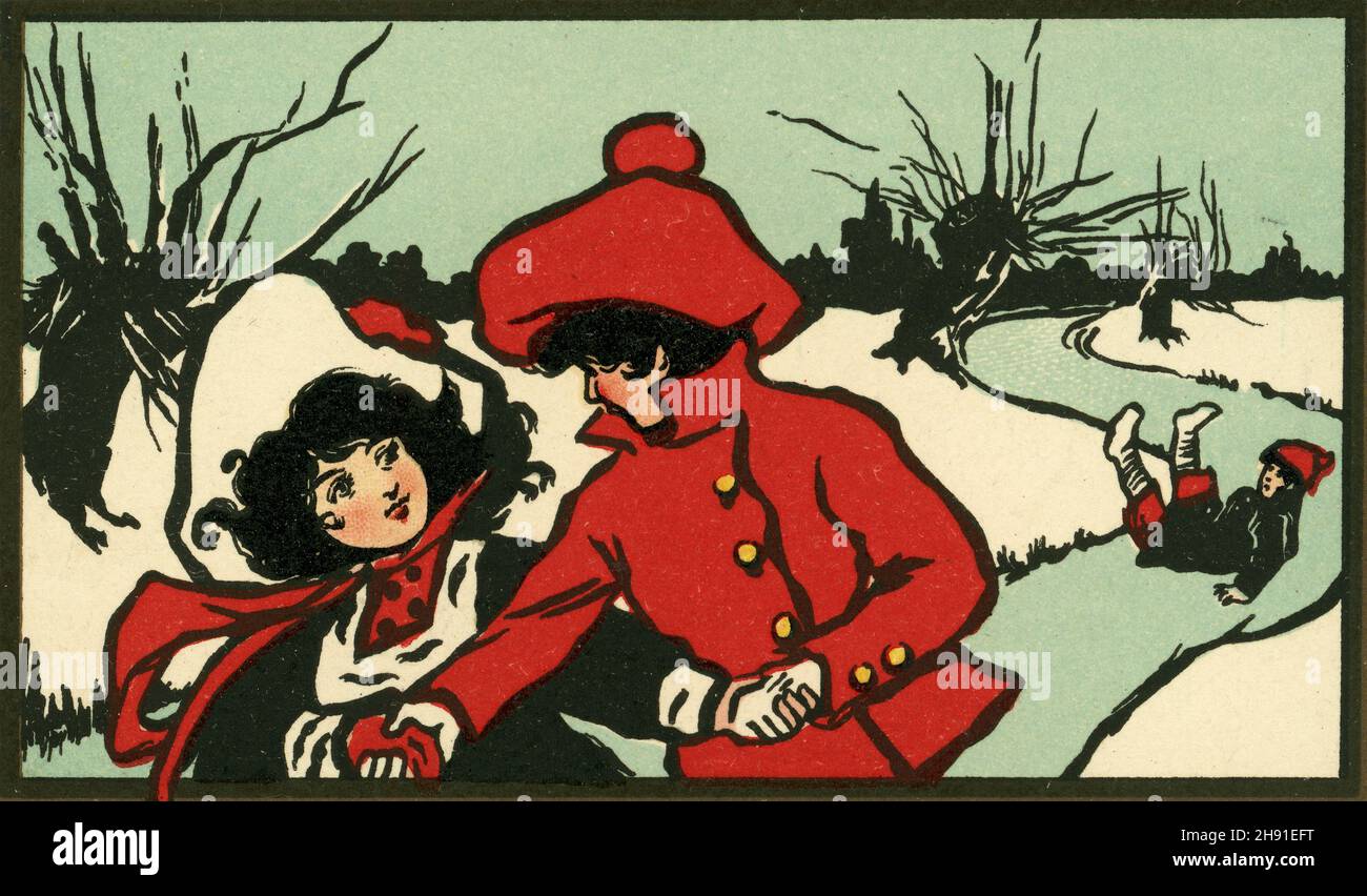 Original Edwardian era tarjeta postal niño y niña patinaje sobre hielo, escena de invierno, posiblemente por la famosa artista británica Ethel Parkinson, el mensaje es deseos sinceros de .. Con una línea para poner su nombre, publicado el 24 de diciembre de 1906, Reino Unido Foto de stock