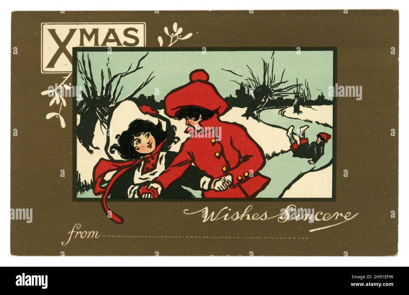 Original Edwardian era tarjeta postal niño y niña patinaje sobre hielo, escena de invierno, posiblemente por la famosa artista británica Ethel Parkinson, el mensaje es deseos sinceros de .. Con una línea para poner su nombre, publicado el 24 de diciembre de 1906, Reino Unido Foto de stock