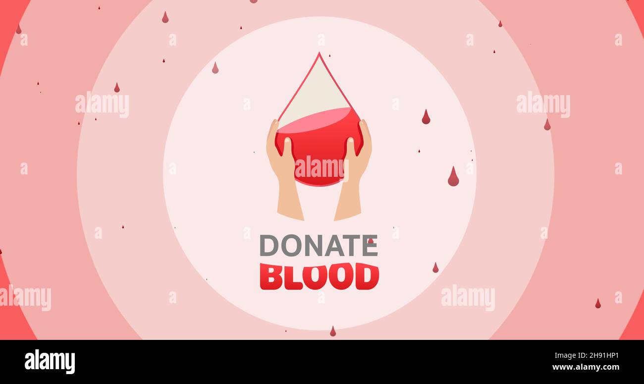 Imagen compuesta digital de sangre donada con las manos sujetando la gota sobre el fondo rosa abstracto Foto de stock