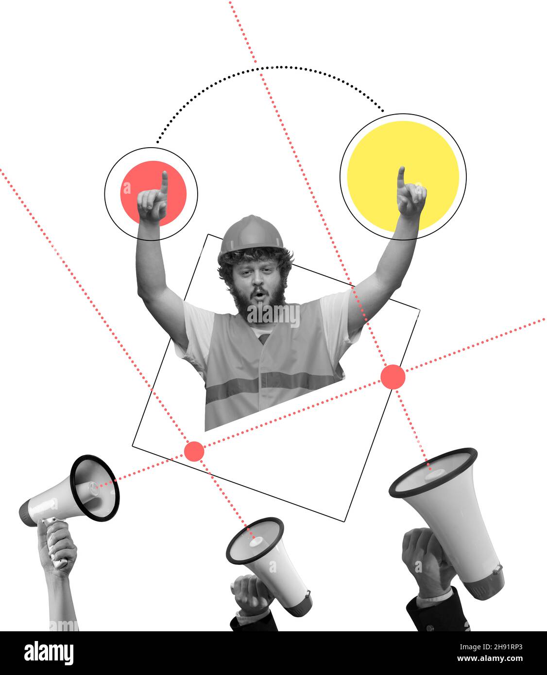 Collage de arte contemporáneo del hombre en casco de constructor