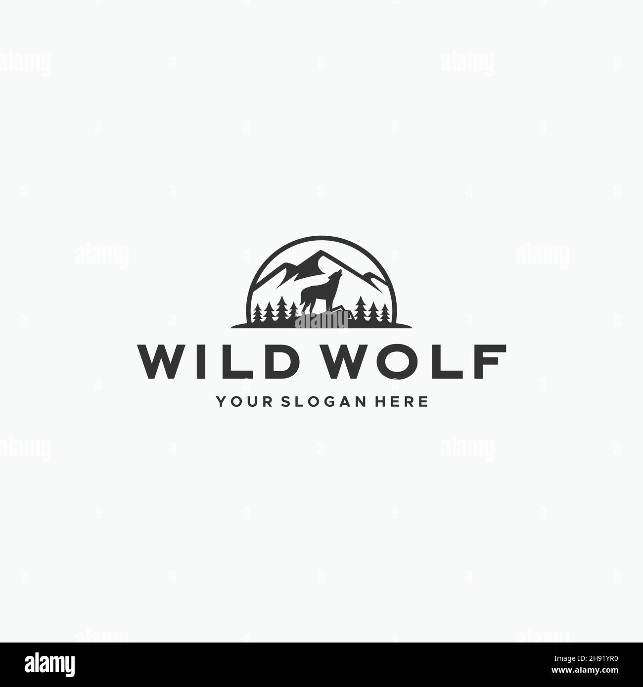 Diseño minimalista de logotipo DE árbol de montaña WILD WOLF Ilustración del Vector