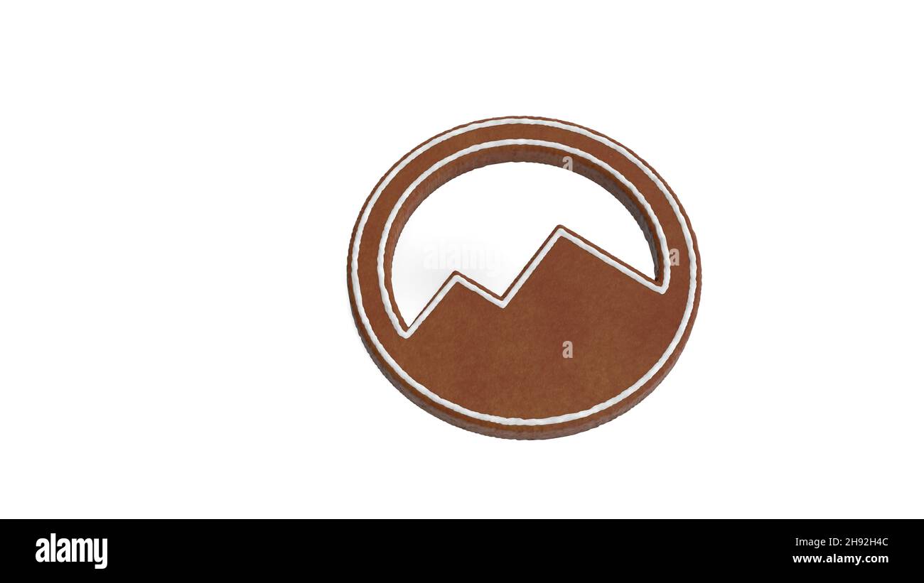3d representación de galleta de pan de jengibre en forma de símbolo de círculo con montañas en el horizonte aisladas sobre fondo blanco con hielo blanco Foto de stock