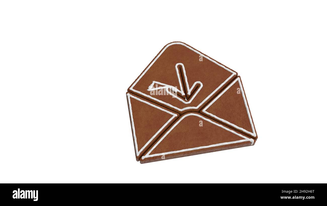 3d renderizado de galleta de pan de jengibre en forma de símbolo de papel sobre abierto con flecha abajo aislada sobre fondo blanco con hielo blanco Foto de stock