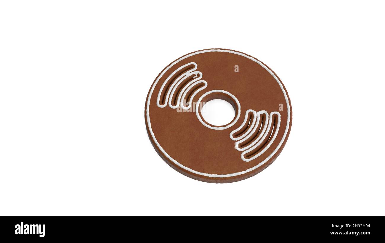 3d renderizado de galleta de pan de jengibre en forma de símbolo de disco de vinilo circular aislado sobre fondo blanco con hielo blanco Foto de stock