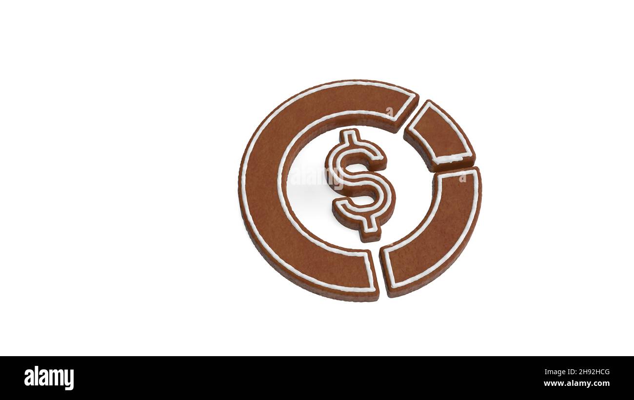 3d representación de galleta de pan de jengibre en forma de símbolo de diagrama circular con símbolo de dólar en el medio aislado sobre fondo blanco con ici blanco Foto de stock