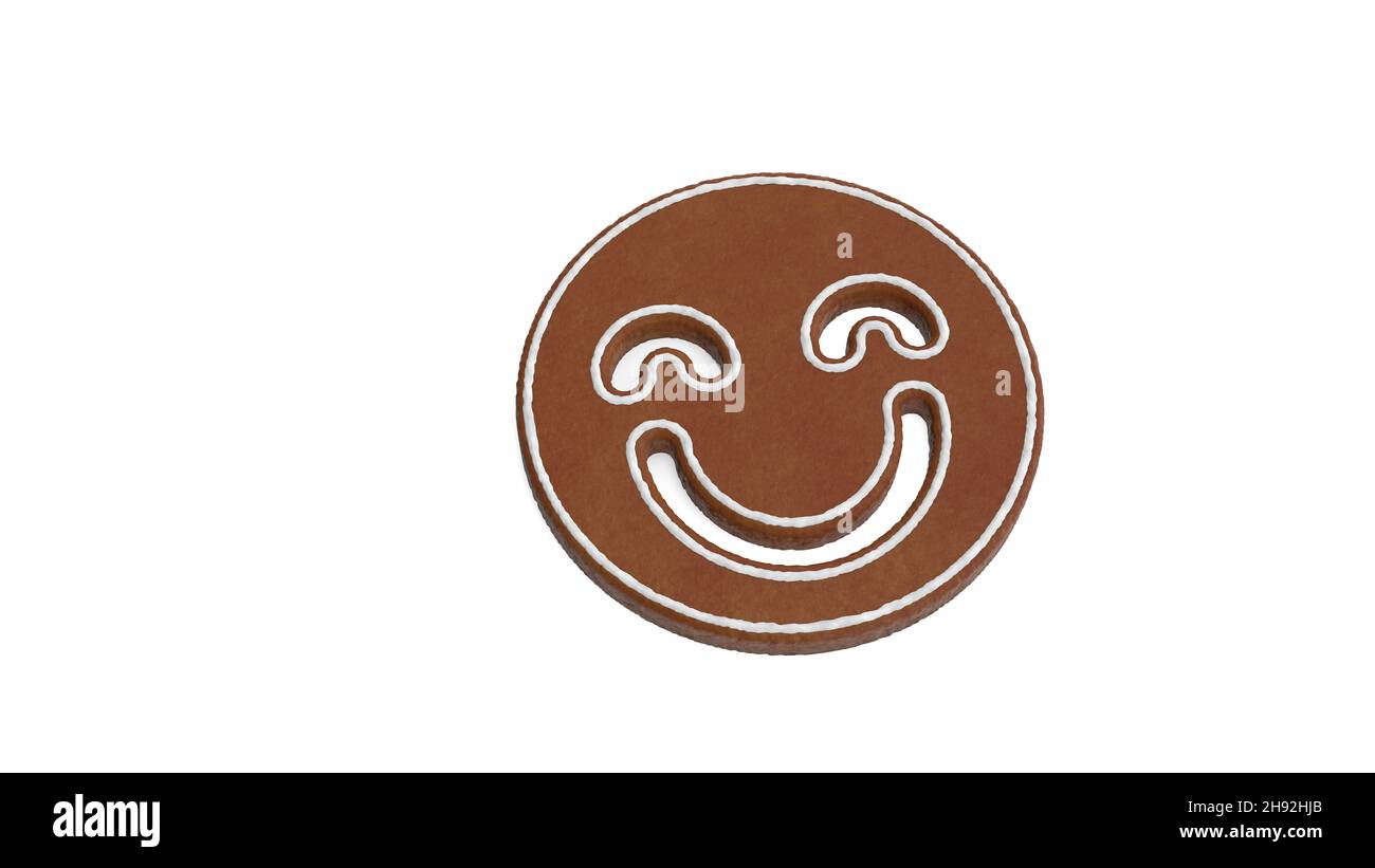 3d representación de galleta de pan de jengibre en forma de símbolo de emoticono feliz aislado sobre fondo blanco con hielo blanco Foto de stock