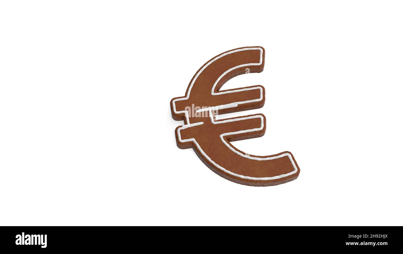 3d representación de galleta de pan de jengibre en forma de símbolo del euro, aislado sobre fondo blanco con hielo blanco Foto de stock