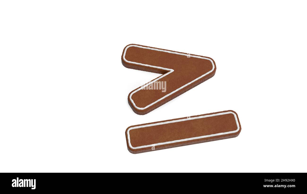 3d representación de galleta de pan de jengibre en forma de símbolo mayor que igual aislado sobre fondo blanco con hielo blanco Foto de stock