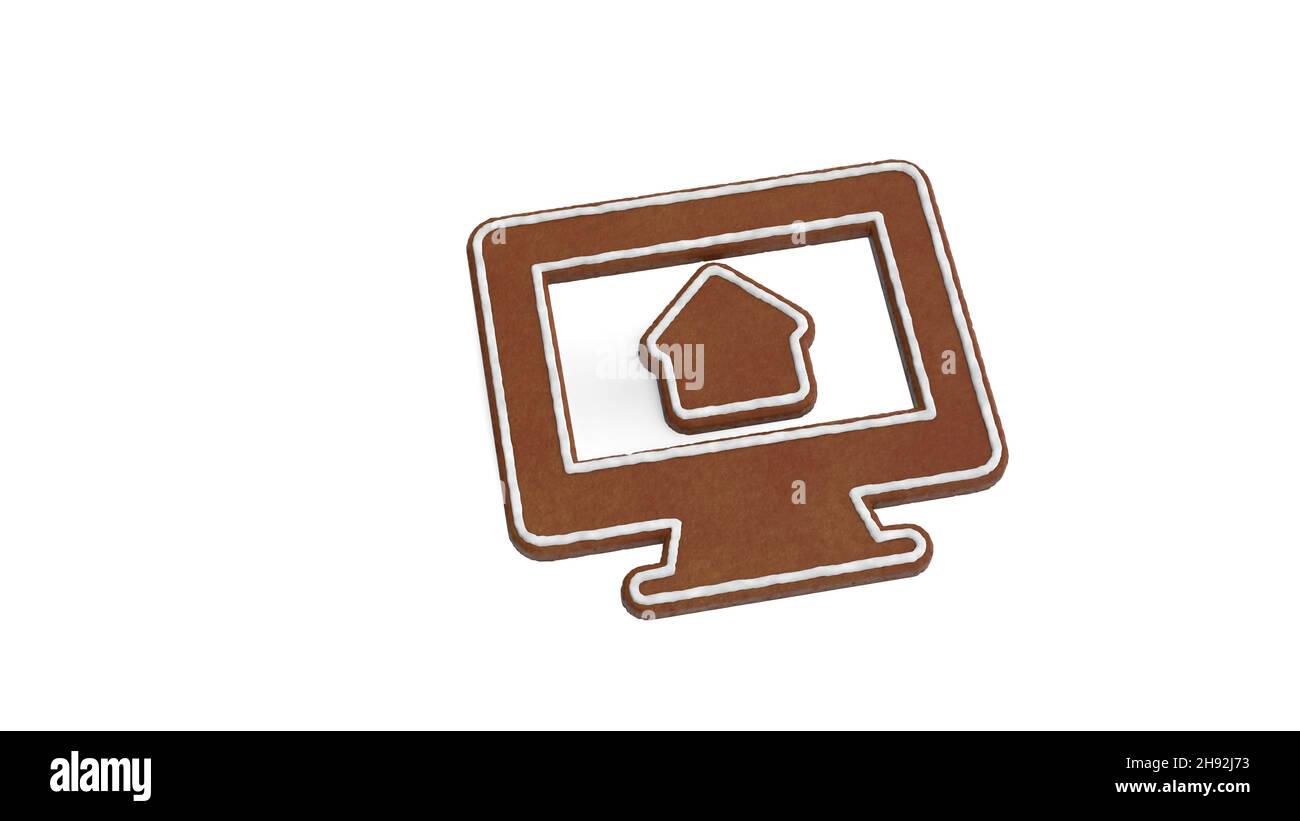 3d representación de galleta de pan de jengibre en forma de símbolo de monitor con casa en pantalla aislada sobre fondo blanco con hielo blanco Foto de stock