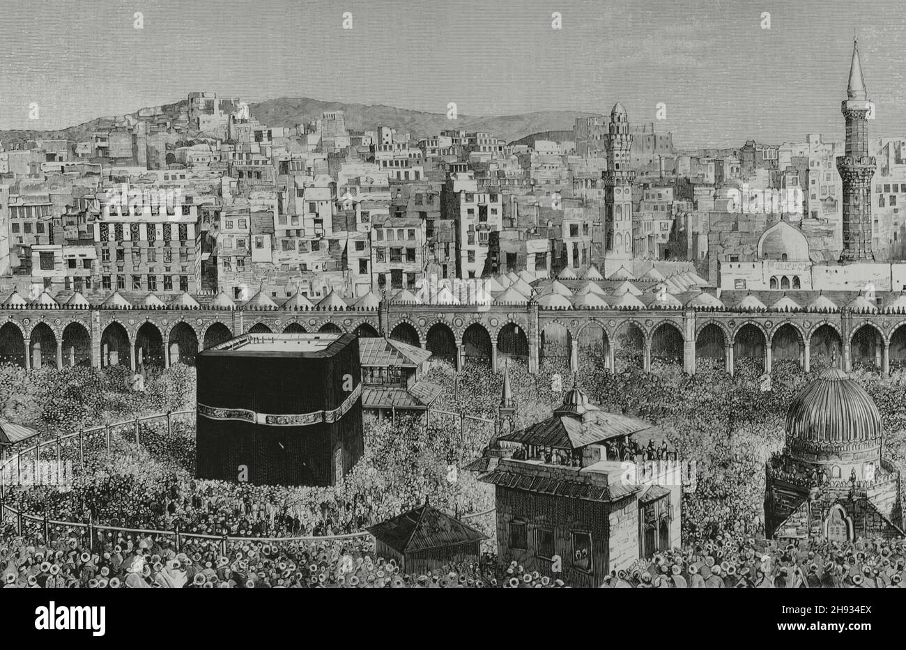 Arabia Saudita, La Meca. Vista general de la ciudad. En el centro de la mezquita de al-Masjid al-Haram, la Kaaba, que alberga la 'Piedra Negra. Grabado. Detalle. La Ilustración Española y Americana, 1882. Foto de stock