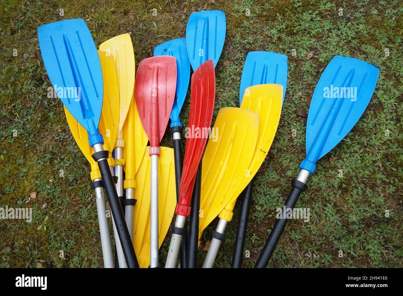 Remos para kayaks turísticos en la hierba Foto de stock