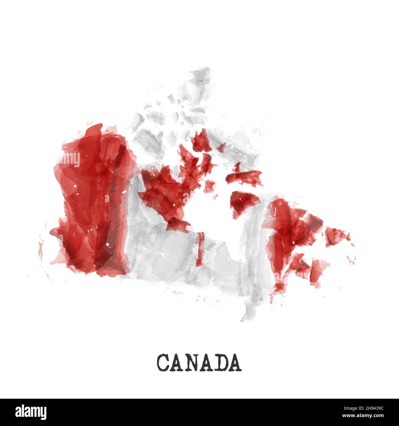 Diseño de pintura de acuarela de bandera y mapa de Canadá . Dibujo realista de la forma del país . Fondo blanco aislado . Vector . Ilustración del Vector