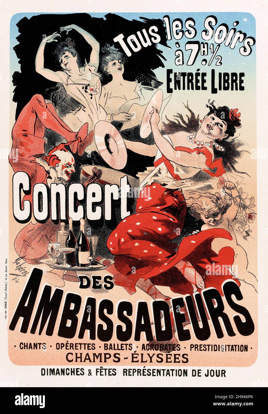 Concierto des Ambassadeurs 1884 - Campos Elíseos. Tous les Soirs. Cartel de Jules Chéret (1836-1932). Francés. Foto de stock